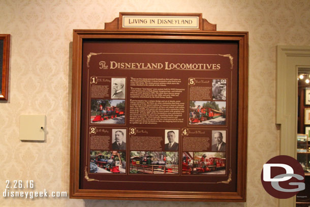 A look at the Train exhibit.  The first display features the Disneyland Locomotives.  This is on the same wall as the Steve Martin video (which is still playing).  Surprised they did not cover or swap out the title bar on the top.