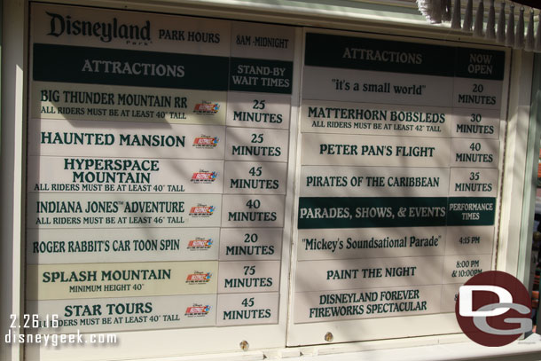 A check of the wait times at 1:37pm.  The park felt more busy than the times indicated.