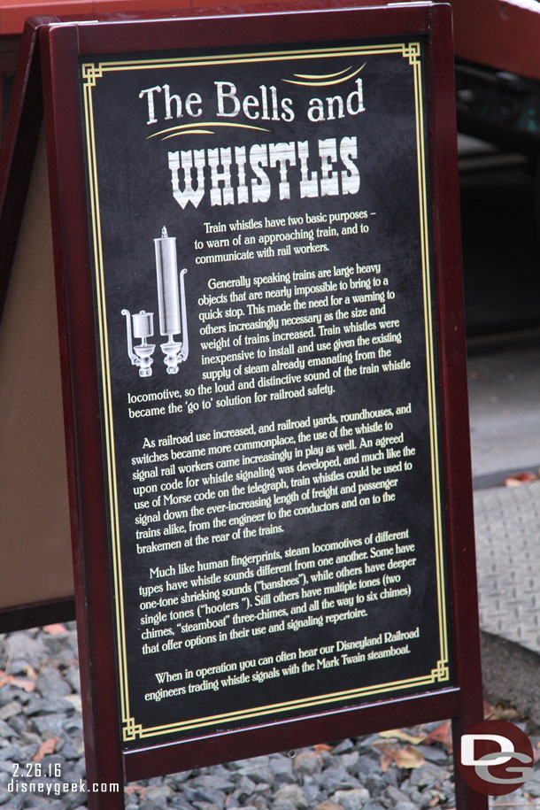 A sign explaining the bells and whistles of the trains.