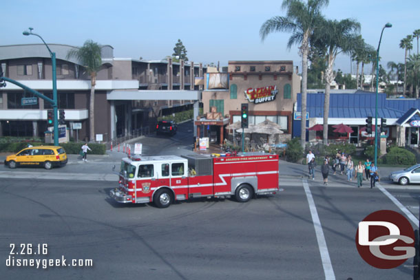 A fire truck was turning into the transportation area as I passed overhead on the Monorail.