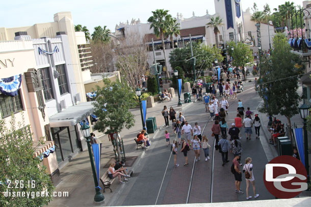 Blue banners line Buena Vista Street.