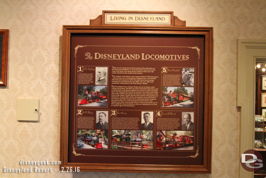 A look at the Train exhibit.  The first display features the Disneyland Locomotives.  This is on the same wall as the Steve Martin video (which is still playing).  Surprised they did not cover or swap out the title bar on the top.