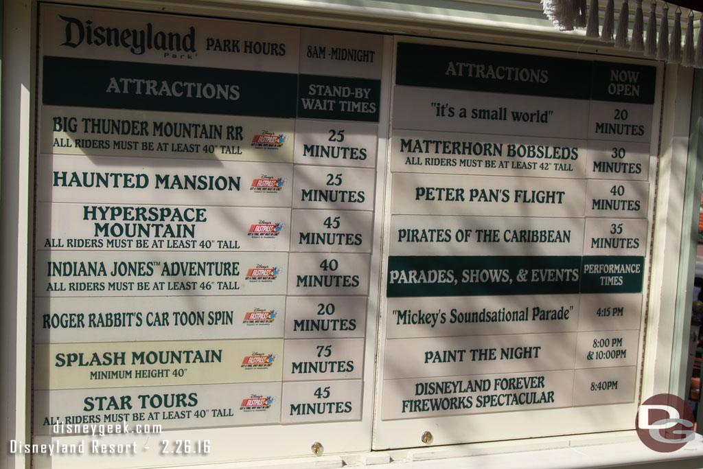 A check of the wait times at 1:37pm.  The park felt more busy than the times indicated.