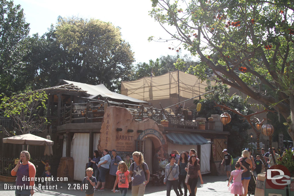 More scaffolding and scrims up at the Jungle Cruise as work continues.