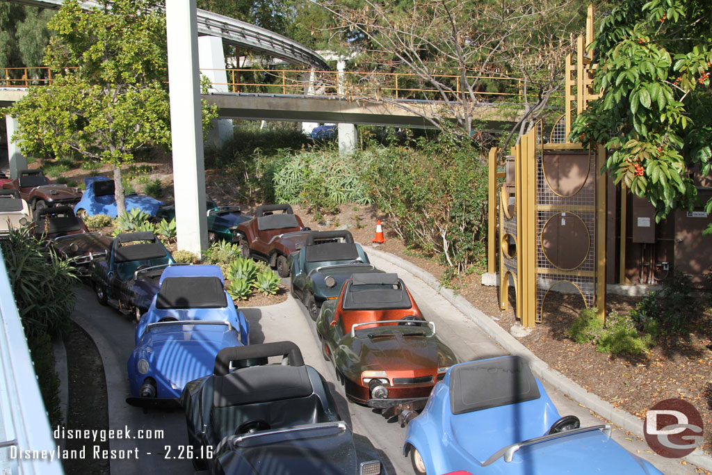 Autopia cars parked throughout the track while the queue and work areas are being renovated.