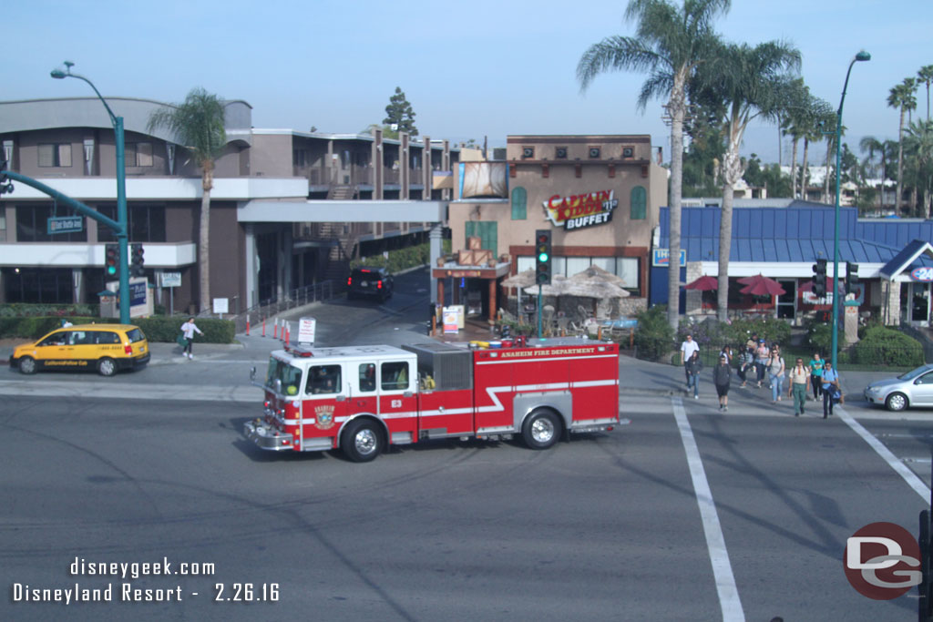 A fire truck was turning into the transportation area as I passed overhead on the Monorail.