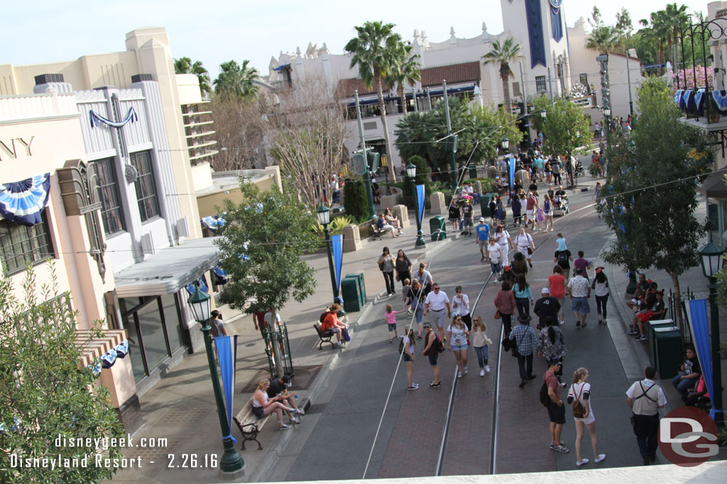 Blue banners line Buena Vista Street.