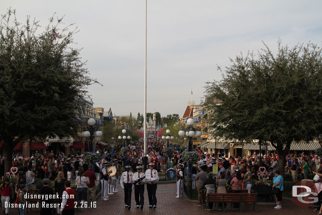 The nightly flag retreat in Town Square.