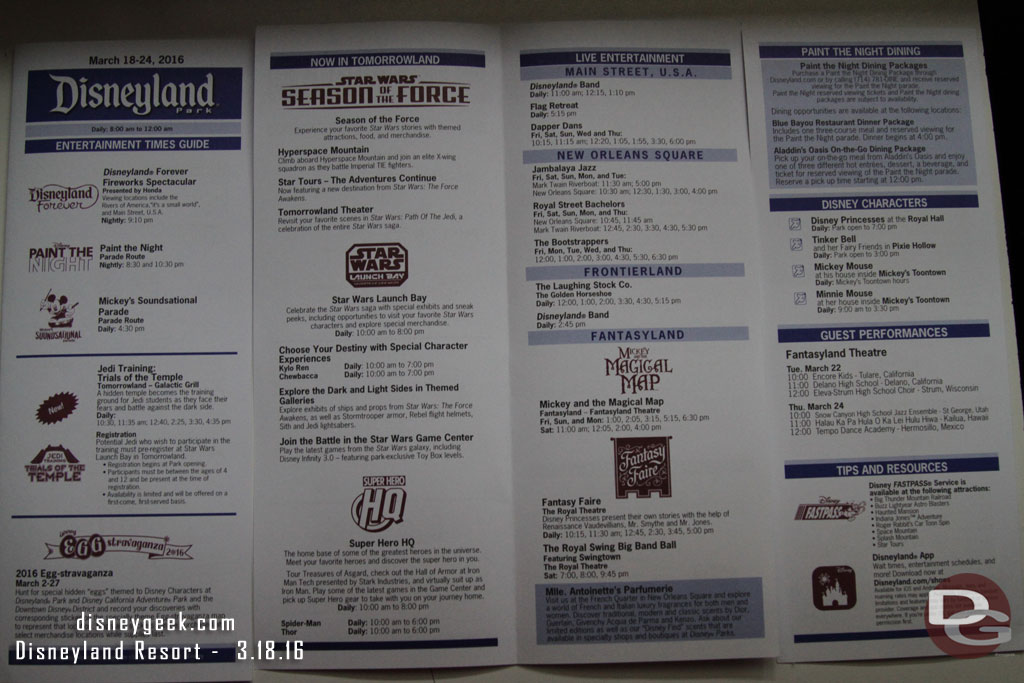 The Disneyland times guide this week.. noticed they Fantasyland Theatre was used for performing groups on a Tues & Thurs and Magic map was dark those days.