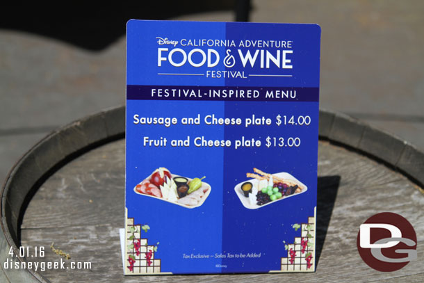 Throughout the park dining locations are offering special menu items for the festival.  This one is at the Sonoma Terrace.