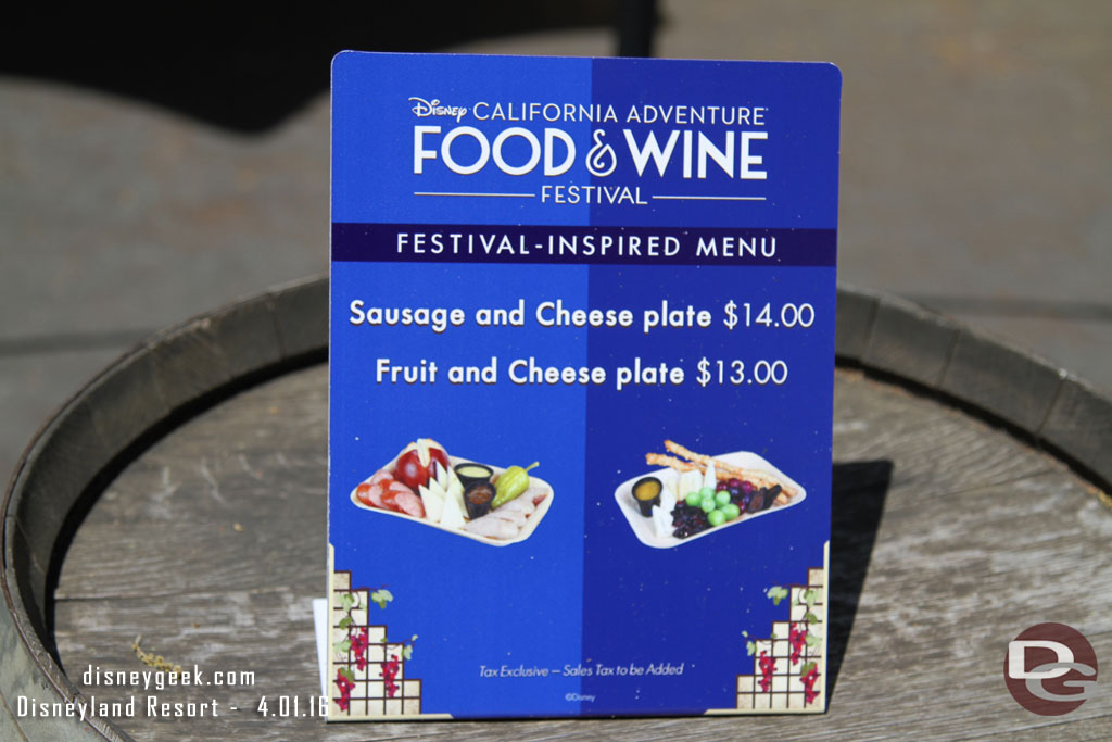 Throughout the park dining locations are offering special menu items for the festival.  This one is at the Sonoma Terrace.