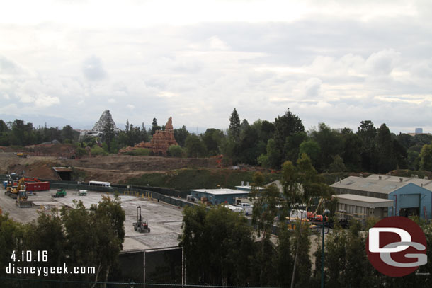 An overview of the Star Wars construction site on this cloudy morning.  The backstage buildings on the left have been cleared.