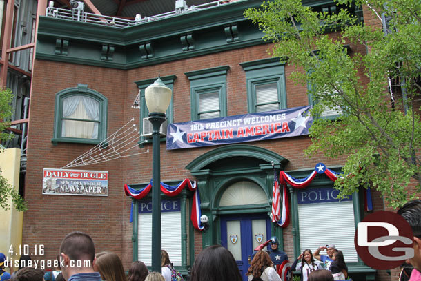 Captain America and Spider-Man are on Sunset Blvd, where the Monsters University space was.  There was a healthy line and no good angle to get them without waiting (and I did not have the patience to do that).