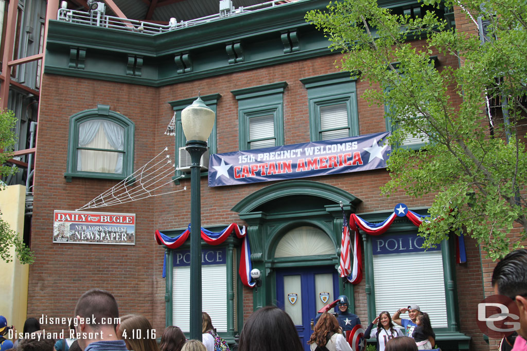 Captain America and Spider-Man are on Sunset Blvd, where the Monsters University space was.  There was a healthy line and no good angle to get them without waiting (and I did not have the patience to do that).