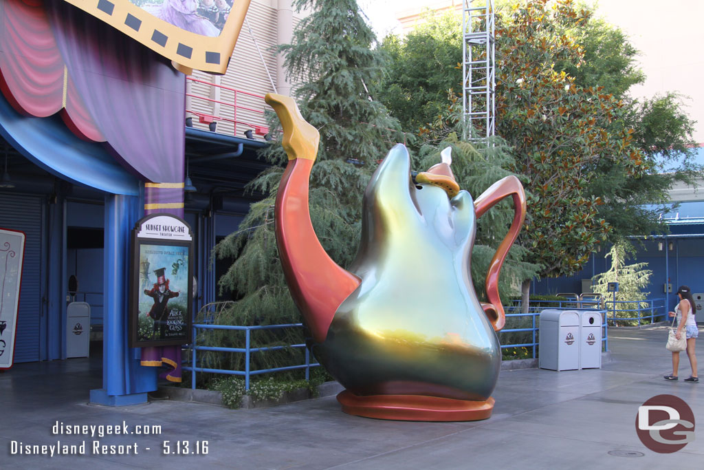 Some of the set pieces from the Mad T Party are used out front.