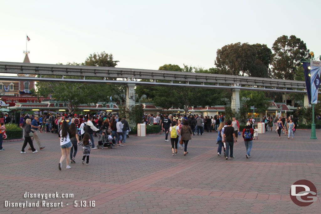 Lines to enter Disneyland at 7:30 stretched beyond the Monorail beam.