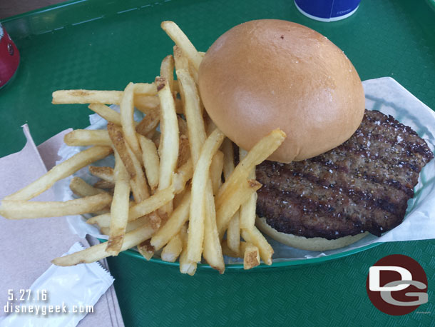 If you were curious the current burger and fries at the Hungry Bear.