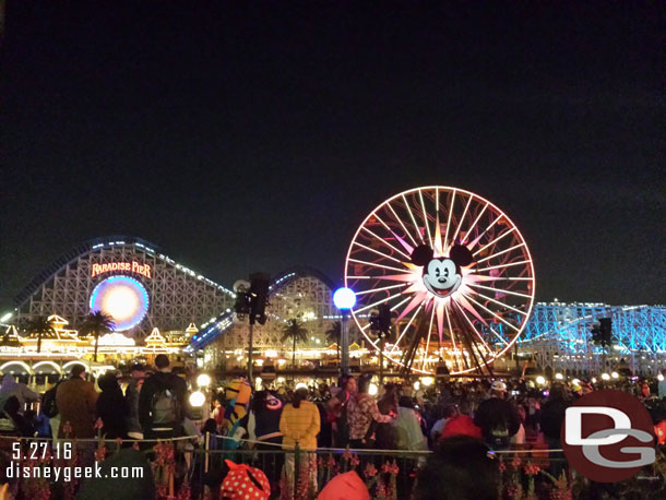 Arrived in Paradise Pier as the 5 minute announcement for World of Color was playing.  So found a spot for the show.