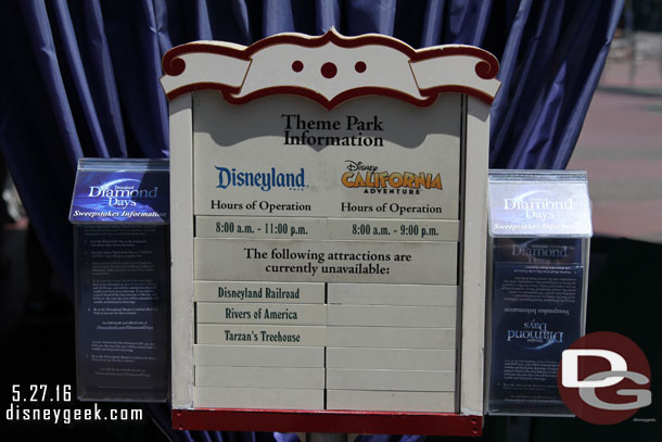 Closed attractions for today. A fairly short list compared to recent visits.  Not sure why the swings do not make the DCA list since they are closed.