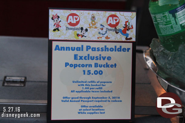 There is an Annual Passholder popcorn promotion right now.  You buy the bucket and refills are only $1 all summer long.