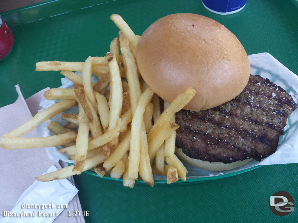 If you were curious the current burger and fries at the Hungry Bear.