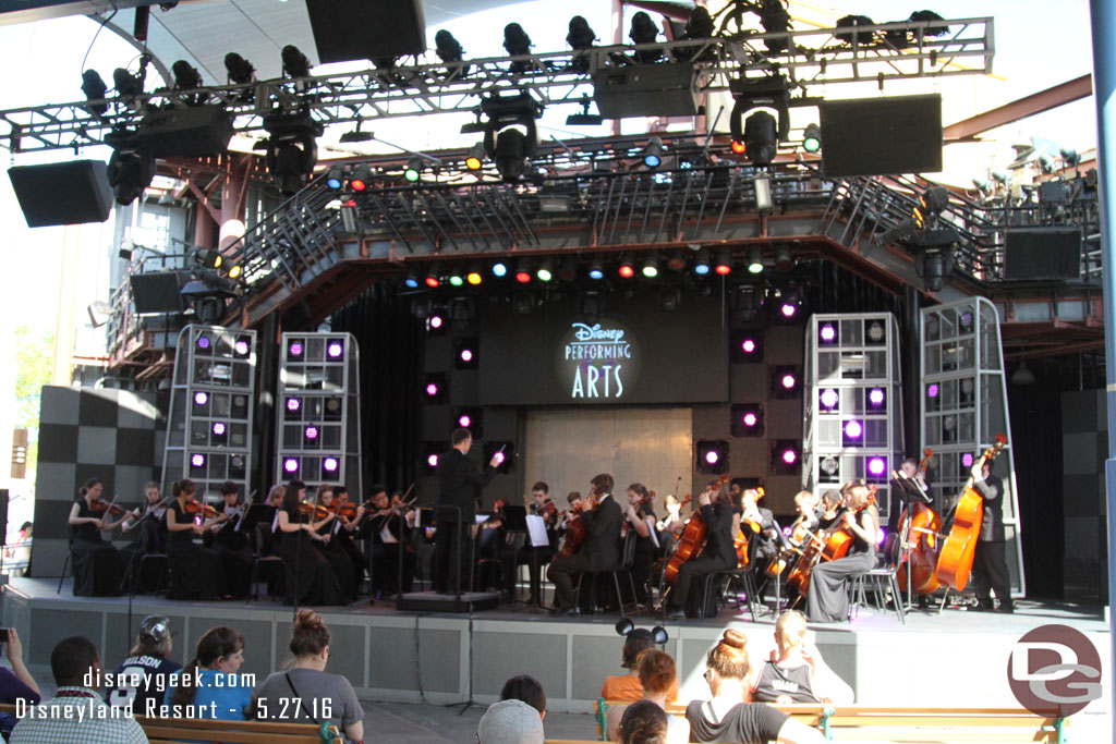 An orchestra was performing on the Backlot stage.  A much calmer scene than the street on the other side.