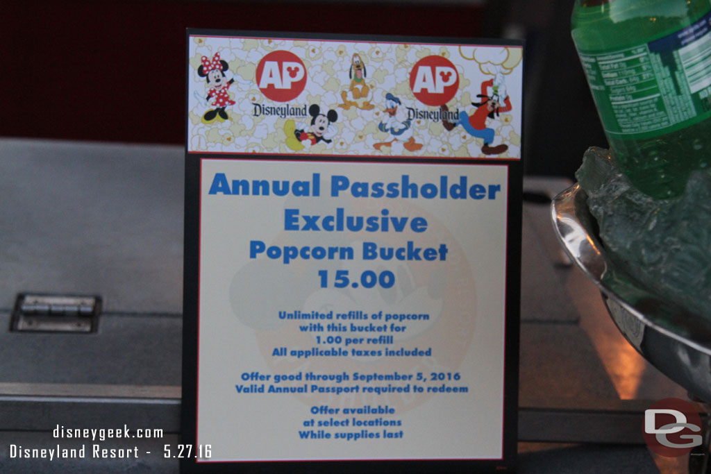 There is an Annual Passholder popcorn promotion right now.  You buy the bucket and refills are only $1 all summer long.