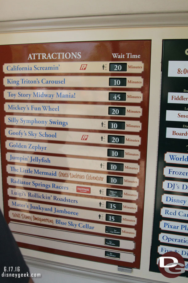 Wait times as of 1:30pm.  Note the Racers are down, cast members said they have been for over an hour.