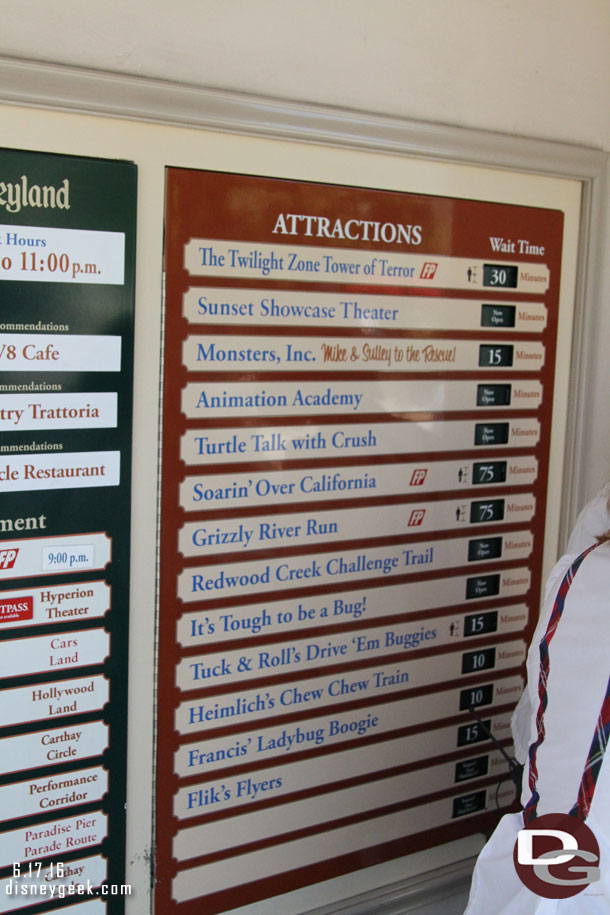 Some more waits.  Even with Racers down Soarin only posted at 75min.  Note it has the wrong label.