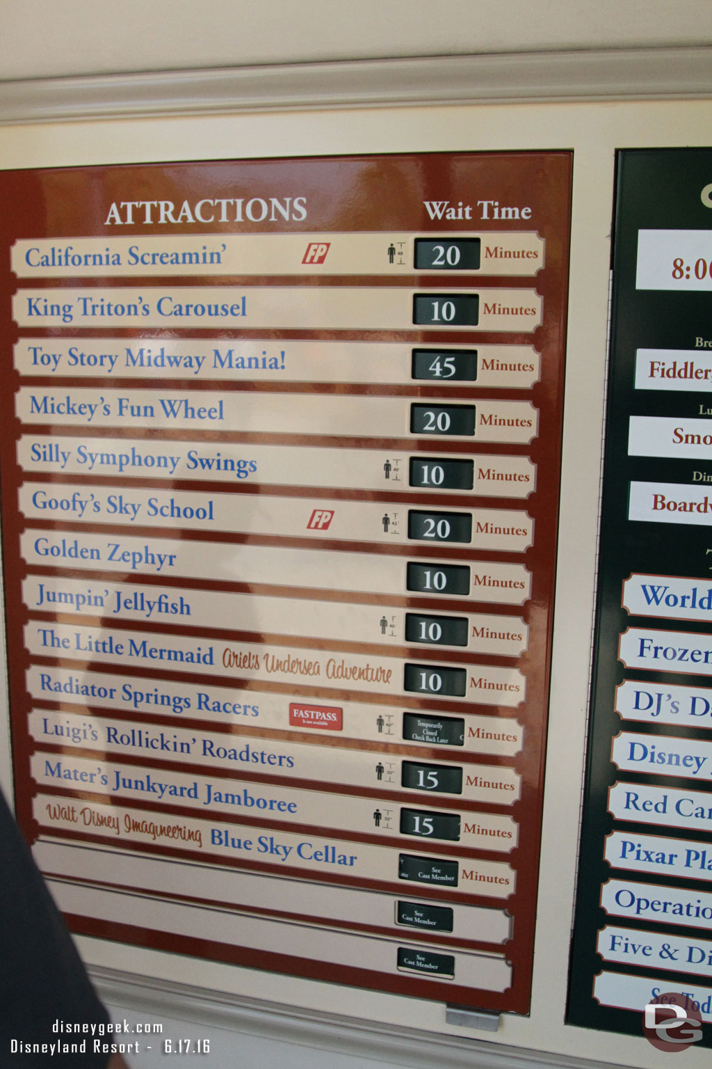 Wait times as of 1:30pm.  Note the Racers are down, cast members said they have been for over an hour.
