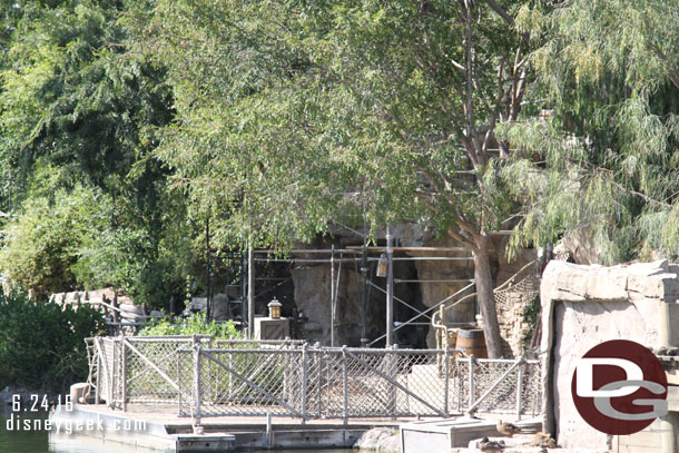 Scaffolding being installed around some of the rockwork on the island.