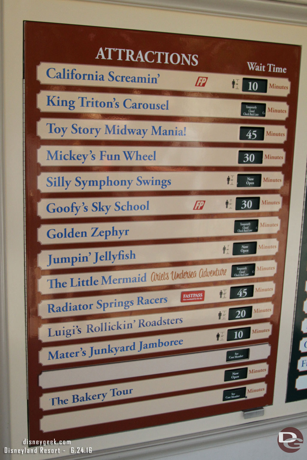 Wait times at 1:50pm Kind of interesting to notice that Toy Story and Racers were both 45 min with the Fun Wheel not far behind at 30.