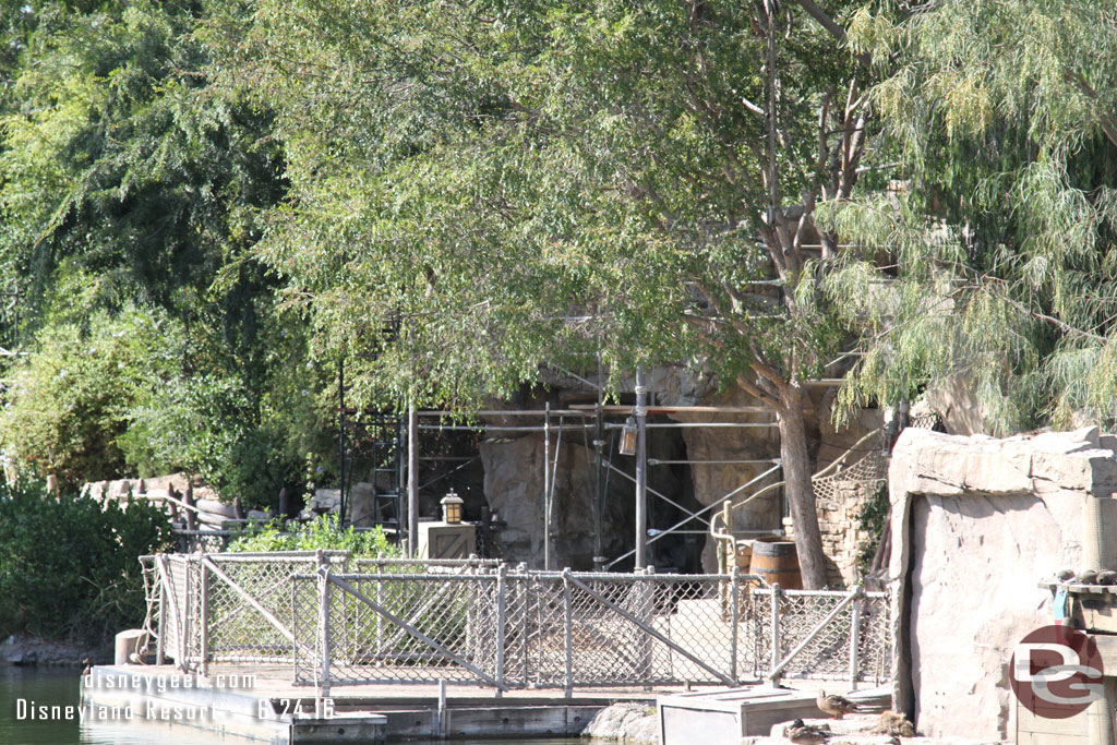 Scaffolding being installed around some of the rockwork on the island.