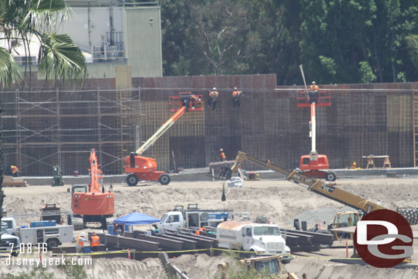 A closer look at the far wall.  a crew is working on the rebar that will be in the wall.