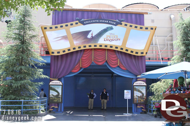 A preview for Petes Dragon has moved into the theater.  It runs every 20 minutes (top of the hour, 20 and 40).  Nice to know there is a schedule, but it is not published.  The cast members out front were telling guests this.