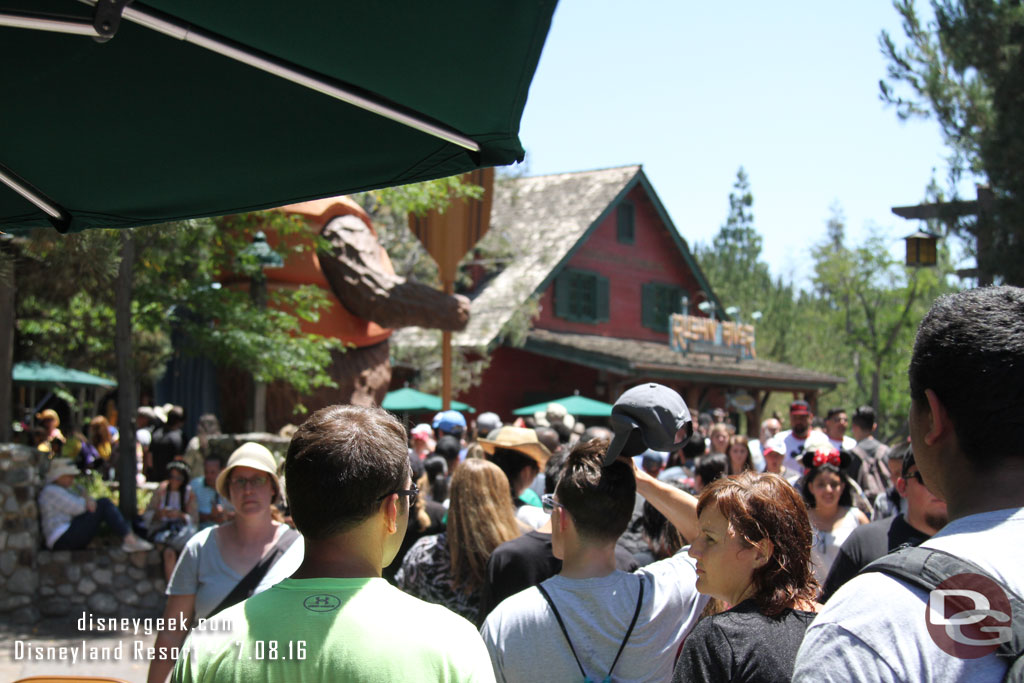 Hmm.. this is the back of the line for World of Color Fastpasses for the second show.  Seems to be a popular ticket this afternoon... or maybe these guests think they are in line for Grizzly River Run.