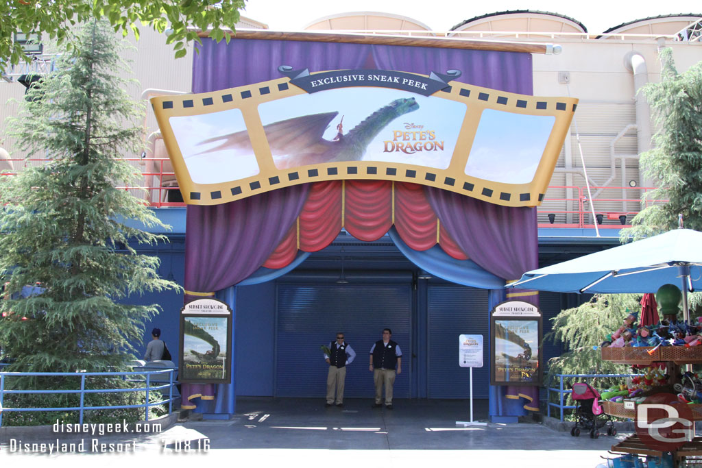 A preview for Petes Dragon has moved into the theater.  It runs every 20 minutes (top of the hour, 20 and 40).  Nice to know there is a schedule, but it is not published.  The cast members out front were telling guests this.