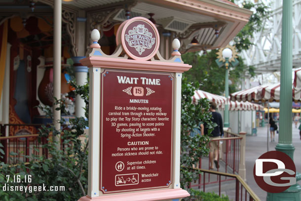 Only a 15min wait for Toy Story so we waited. It turned out to be slightly higher, about 17 minutes from passing the sign until on the tram.