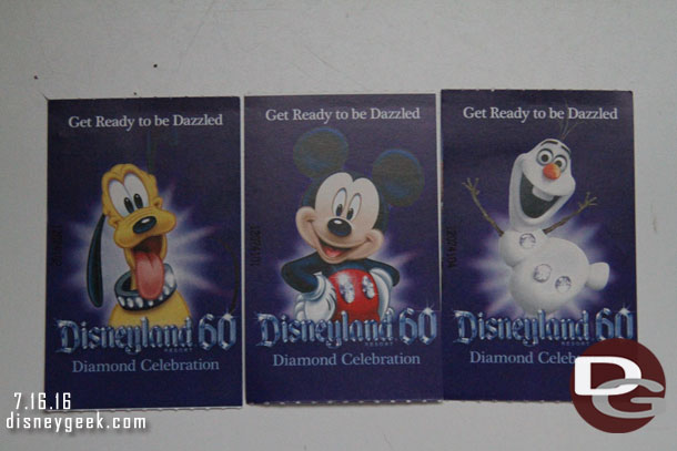 Some of the current park ticket designs.