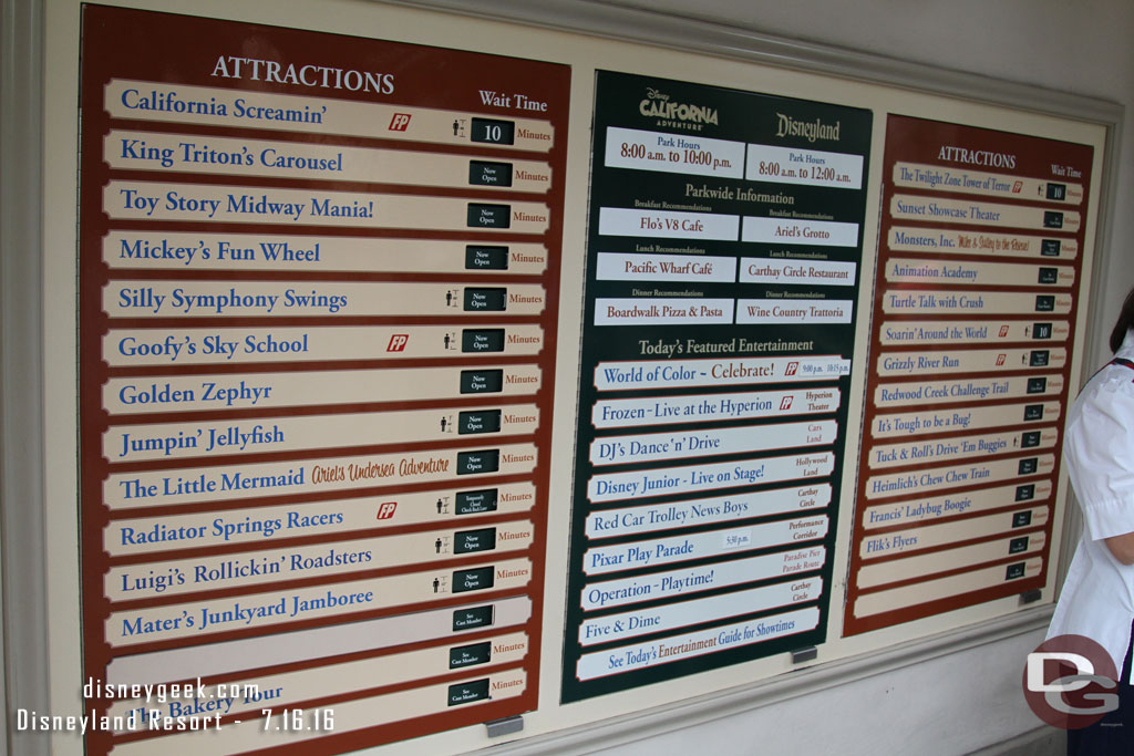 DCA Wait Times at 8:36am.  The racers were down.  Almost everything else was a walk on still.