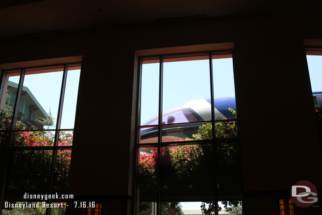 A Monorail passing by the Grand Californian.