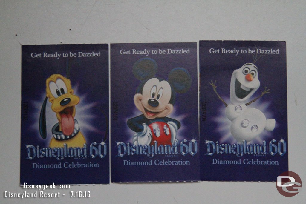 Some of the current park ticket designs.