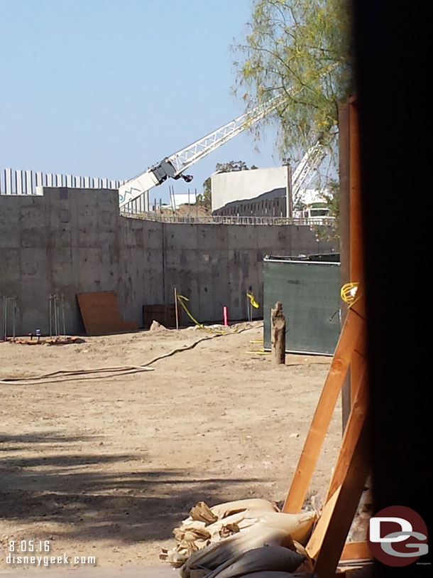 A clearer shot up the trail.  Notice the larger wall in the background and the steel i-beams visible beyond.  Assuming those will be for rock work.  From this angle you can see how they all line up.