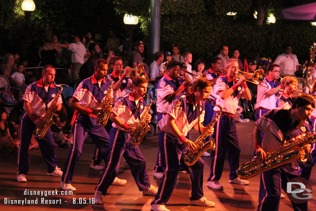 The All-American College Band performing their pre-parade.  Today they played the Michael Jackson medley instead of Disney movie medley.