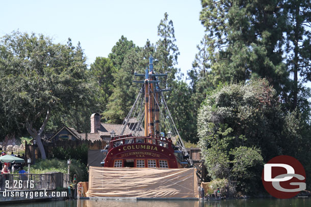 The Columbia is back in the harbor.  Note the top of the masts and a fair amount of rigging is gone.