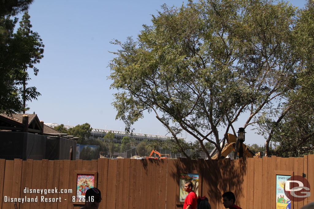 Looking back at the walls and construction beyond from near the Splash Mountain queue.