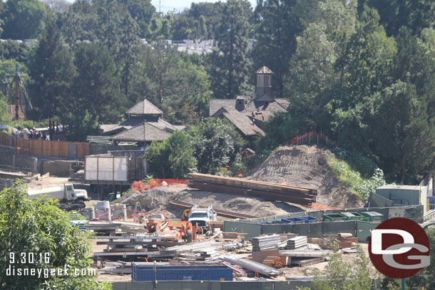 Over toward Critter Country large i-beams waiting to be used.  Wonder if those are for the train trestle, the look rather large for retaining walls over there.