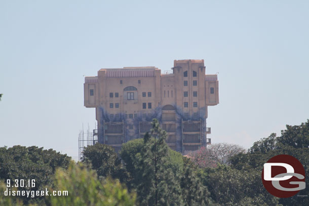 In the distance the now nameless Tower of Terror. On the left notice the scaffolding taking shape.  It will soon surround the Tower.