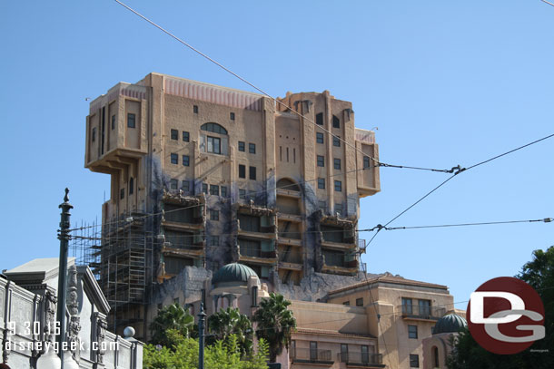 The Hollywood Tower Hotel sign and other facade elements have been removed.  Scaffolding is going up around the building as it begins the transformation to Guardians of the Galaxy.