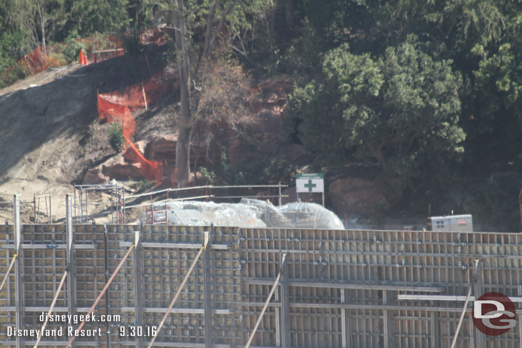 Looks like they have begun the rock work on the island side of the river.  You can just barely make out scaffolding and mesh for the rocks.